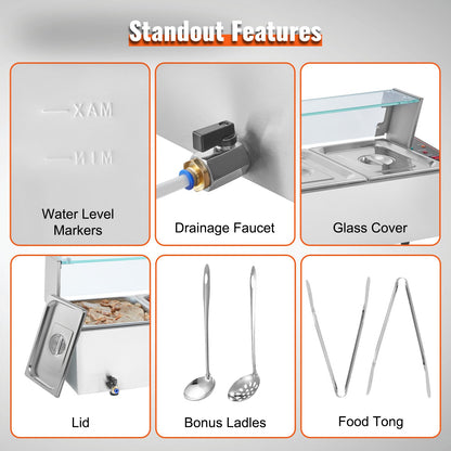 Commercial Electric Food Warmer Countertop Buffet 5*8Qt with Glass Shield