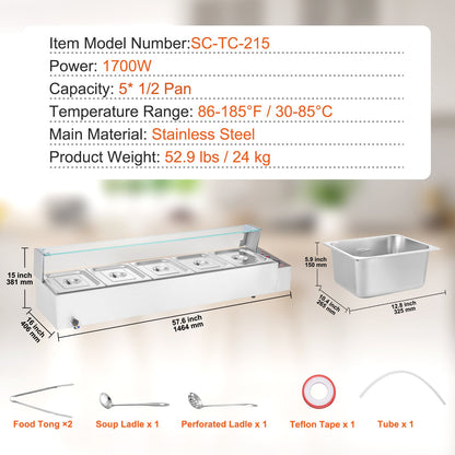 Commercial Electric Food Warmer Countertop Buffet 5*8Qt with Glass Shield