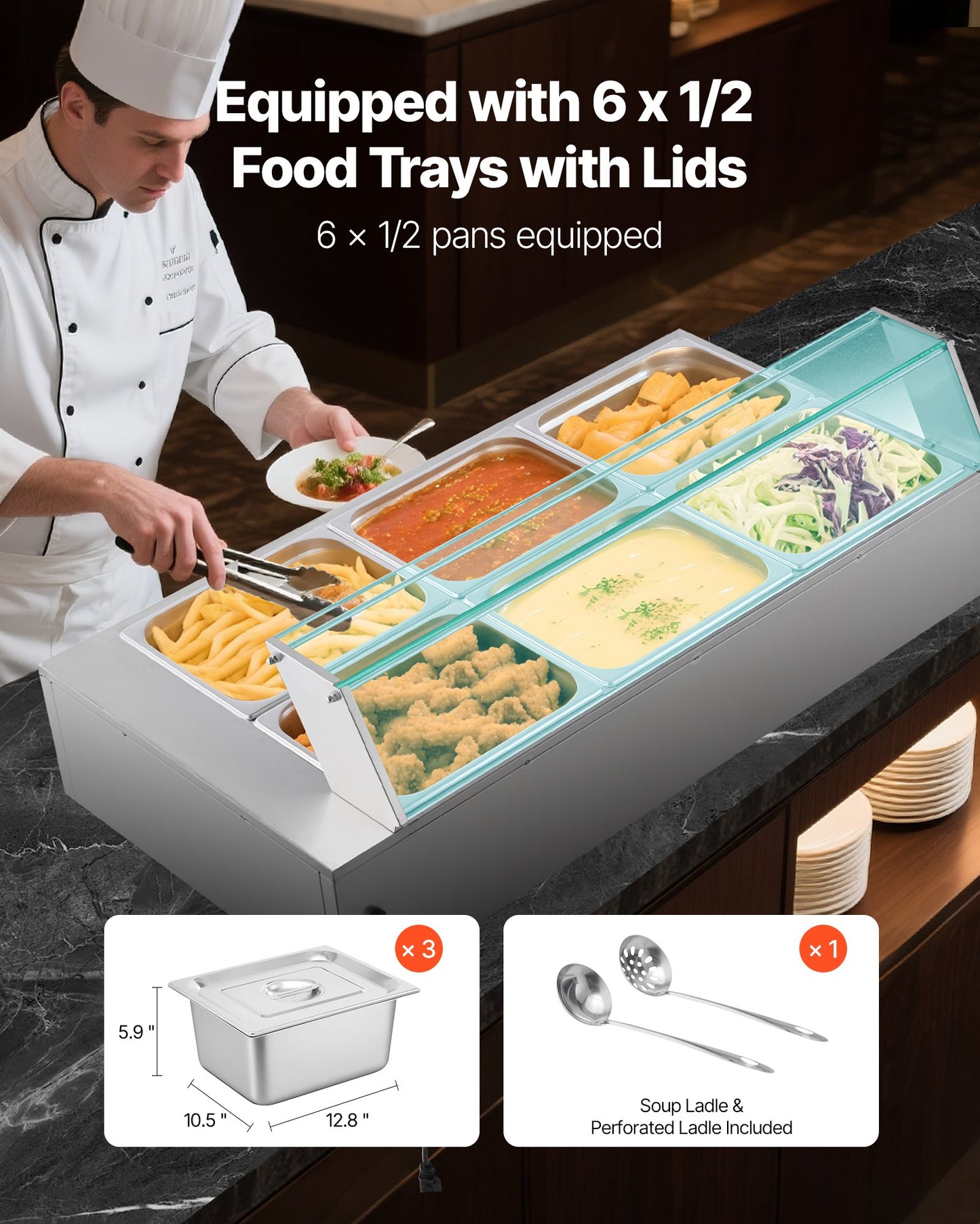 Commercial Food Warmer, 1500W Electric Stainless Steel Steam Food Warmer with Glass Cover, 6 x 1/2 Size Pans Buffet Bain Marie with Soup & Perforated Ladles, for Catering, Restaurant & Party