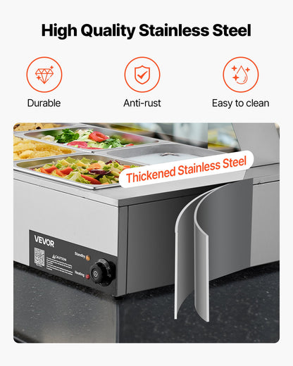 Commercial Food Warmer, 1500W Electric Stainless Steel Steam Food Warmer with Glass Cover, 6 x 1/2 Size Pans Buffet Bain Marie with Soup & Perforated Ladles, for Catering, Restaurant & Party