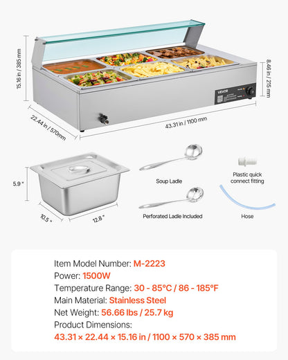 Commercial Food Warmer, 1500W Electric Stainless Steel Steam Food Warmer with Glass Cover, 6 x 1/2 Size Pans Buffet Bain Marie with Soup & Perforated Ladles, for Catering, Restaurant & Party