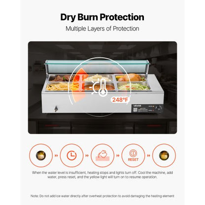 Kommersiell matvärmare, 1500W elektrisk ångvärmare i rostfritt stål med glaslock, 6 x 1/2-pannor, buffé, bain-marie med soppa och perforerade slevar, för catering, restaurang och fest |  EU