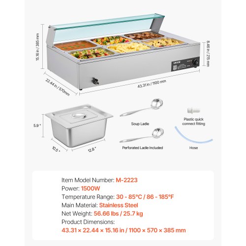 Kommersiell matvärmare, 1500W elektrisk ångvärmare i rostfritt stål med glaslock, 6 x 1/2-pannor, buffé, bain-marie med soppa och perforerade slevar, för catering, restaurang och fest |  EU