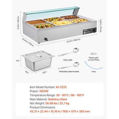 Kommersiell matvärmare, 1500W elektrisk ångvärmare i rostfritt stål med glaslock, 6 x 1/2-pannor, buffé, bain-marie med soppa och perforerade slevar, för catering, restaurang och fest |  EU