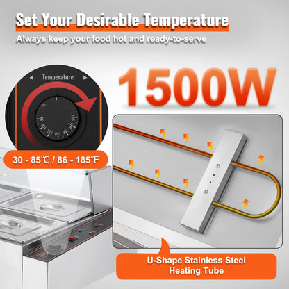 Commercial Electric Food Warmer Countertop Buffet 6*8Qt with Glass Shield