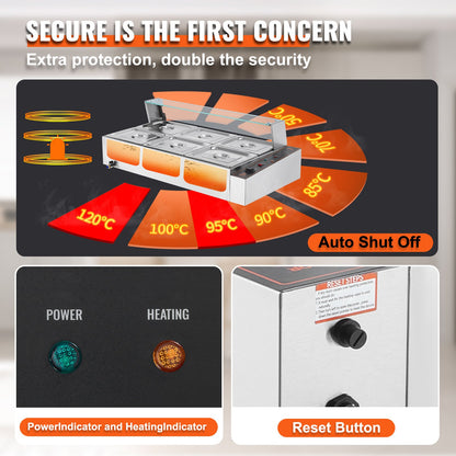 Commercial Electric Food Warmer Countertop Buffet 6*8Qt with Glass Shield