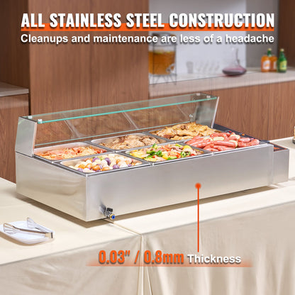 Commercial Electric Food Warmer Countertop Buffet 6*8Qt with Glass Shield