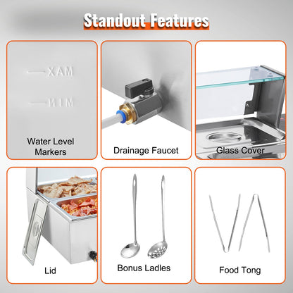 Commercial Electric Food Warmer Countertop Buffet 6*8Qt with Glass Shield