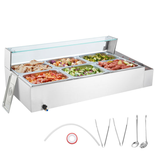 Commercial Electric Food Warmer Countertop Buffet 6*8Qt with Glass Shield