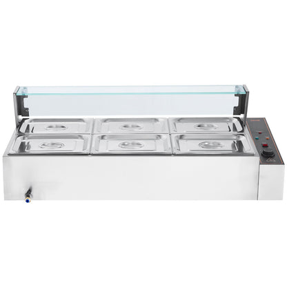 Commercial Electric Food Warmer Countertop Buffet 6*8Qt with Glass Shield