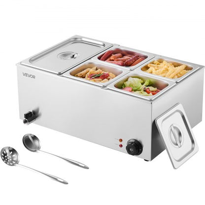 24QT Commercial Food Warmer, 5-Pan Electric Steam Table, 1200W Professional Countertop Stainless Steel Buffet Bain Marie with 86-185°F Temp Control for Catering, Buffet, Parties, Restaurants