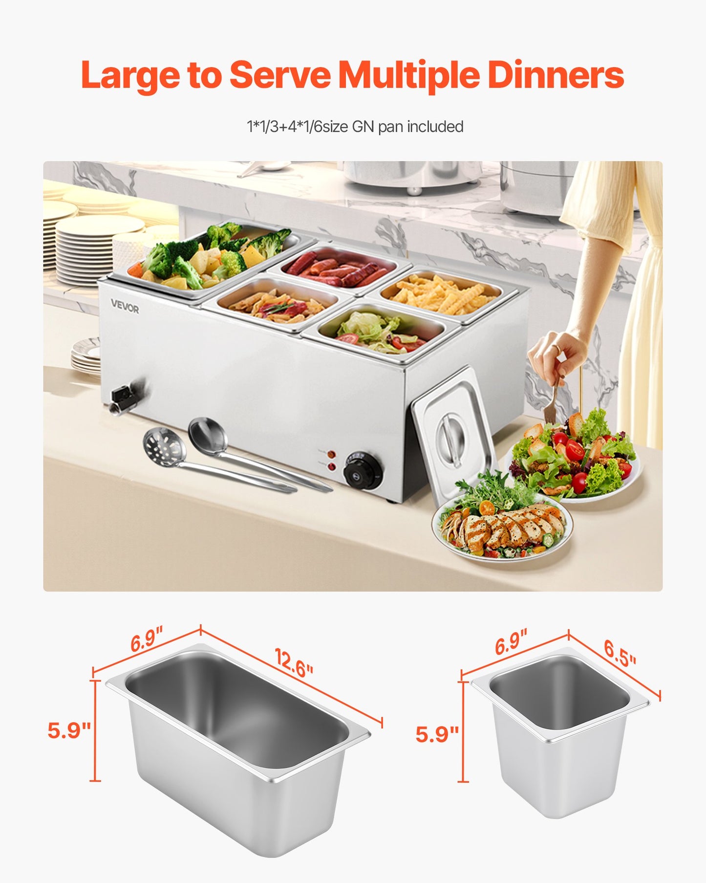 24QT Commercial Food Warmer, 5-Pan Electric Steam Table, 1200W Professional Countertop Stainless Steel Buffet Bain Marie with 86-185°F Temp Control for Catering, Buffet, Parties, Restaurants