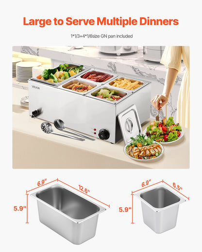 24QT Commercial Food Warmer, 5-Pan Electric Steam Table, 1200W Professional Countertop Stainless Steel Buffet Bain Marie with 86-185°F Temp Control for Catering, Buffet, Parties, Restaurants