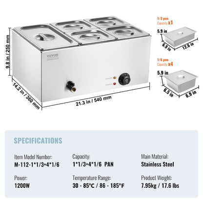 Commercial Electric Food Warmer 5-Pan Countertop Buffet 14.5L Bain Marie