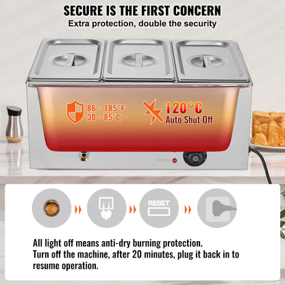 3-Pan Commercial Food Warmer, 17.4QT Electric Steam Table, 1200W Professional Countertop Stainless Steel Buffet Bain Marie with 86-185°F Temp Control for Catering and Restaurants, Silver