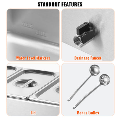 3-Pan Commercial Food Warmer, 17.4QT Electric Steam Table, 1200W Professional Countertop Stainless Steel Buffet Bain Marie with 86-185°F Temp Control for Catering and Restaurants, Silver