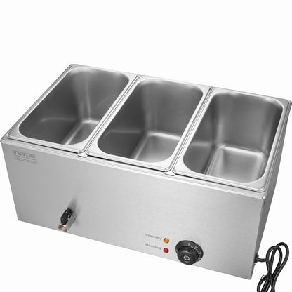 3-Pan Commercial Food Warmer, 17.4QT Electric Steam Table, 1200W Professional Countertop Stainless Steel Buffet Bain Marie with 86-185°F Temp Control for Catering and Restaurants, Silver