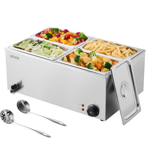 24QT Commercial Food Warmer, 4-Pan Electric Steam Table, 1200W Professional Countertop Stainless Steel Buffet Bain Marie with 86-185°F Temp Control for Catering, Buffet, Parties, Restaurants