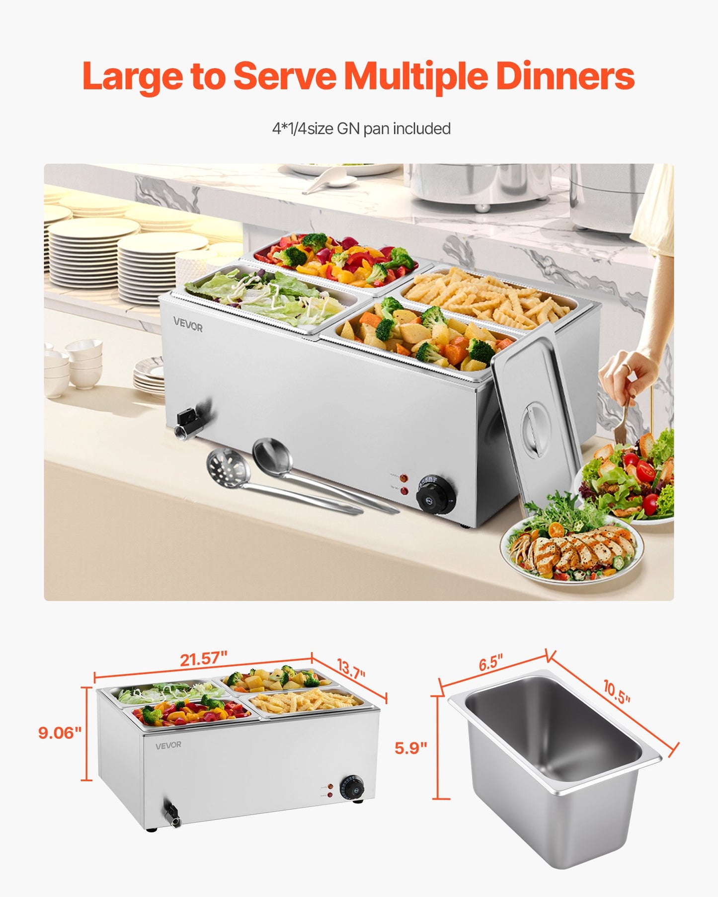 24QT Commercial Food Warmer, 4-Pan Electric Steam Table, 1200W Professional Countertop Stainless Steel Buffet Bain Marie with 86-185°F Temp Control for Catering, Buffet, Parties, Restaurants