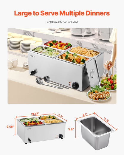 24QT Commercial Food Warmer, 4-Pan Electric Steam Table, 1200W Professional Countertop Stainless Steel Buffet Bain Marie with 86-185°F Temp Control for Catering, Buffet, Parties, Restaurants