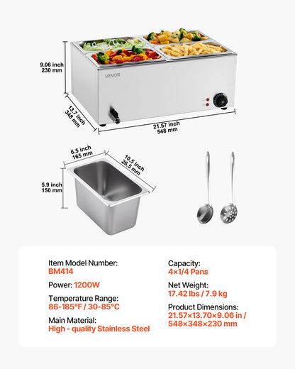 24QT Commercial Food Warmer, 4-Pan Electric Steam Table, 1200W Professional Countertop Stainless Steel Buffet Bain Marie with 86-185°F Temp Control for Catering, Buffet, Parties, Restaurants