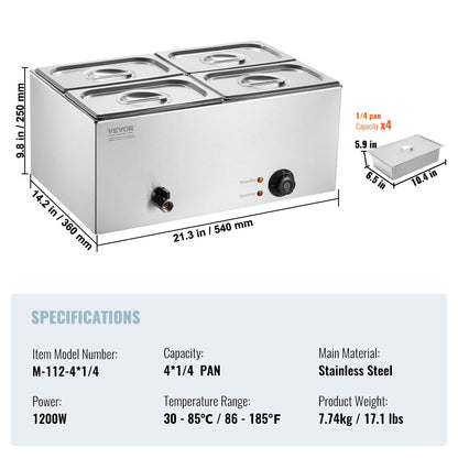 Commercial Electric Food Warmer 4-Pan Countertop Buffet 15L Bain Marie