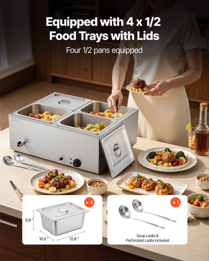 Commercial Food Warmer, 1500W Electric Stainless Steel Steam Food Warmer with Lid, 4-Pan Fast Heating Countertop Buffet Bain Marie with Soup & Perforated Ladles, for Catering, Restaurant, Party