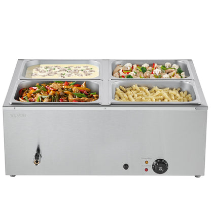 Commercial Food Warmer, 1500W Electric Stainless Steel Steam Food Warmer with Lid, 4-Pan Fast Heating Countertop Buffet Bain Marie with Soup & Perforated Ladles, for Catering, Restaurant, Party