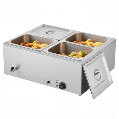Commercial Food Warmer, 1500W Electric Stainless Steel Steam Food Warmer with Lid, 4-Pan Fast Heating Countertop Buffet Bain Marie with Soup & Perforated Ladles, for Catering, Restaurant, Party