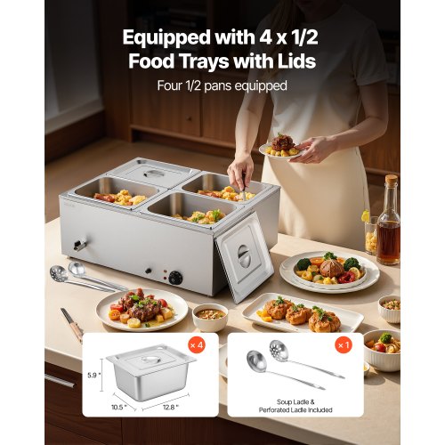 Kommersiell matvärmare med 4 pannor, 1500 W, bänkskiva, buffé, bain-marie med lock |  EU