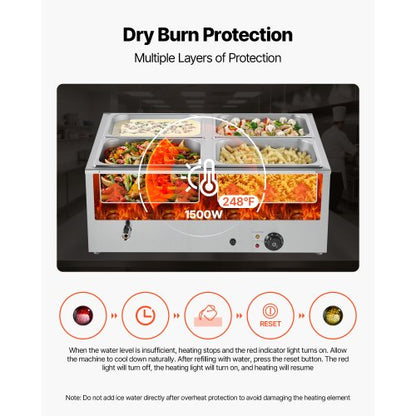 Kommersiell matvärmare med 4 pannor, 1500 W, bänkskiva, buffé, bain-marie med lock |  EU