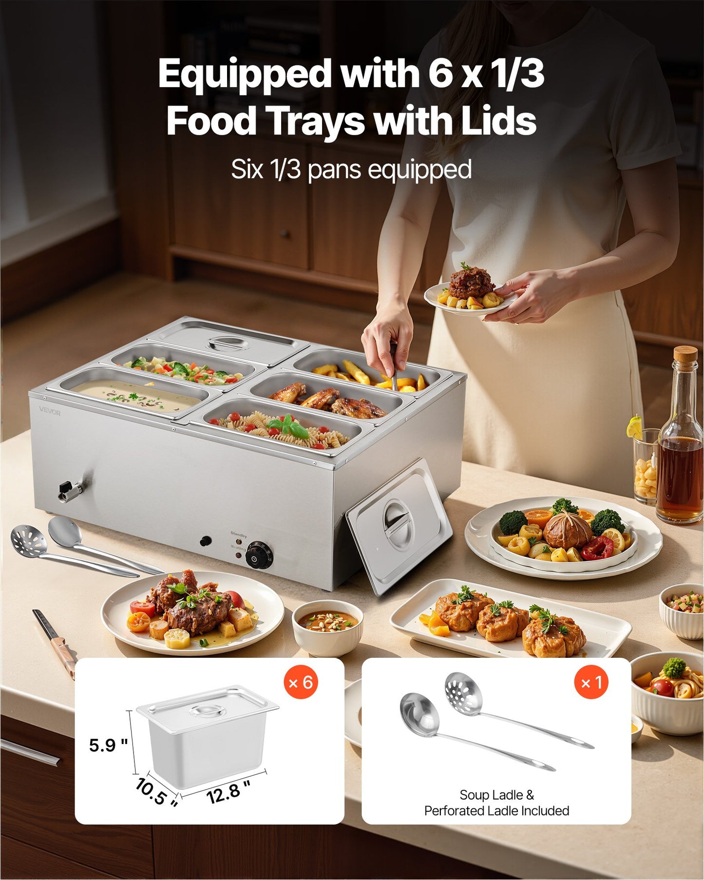 Commercial Food Warmer, 1500W Electric Stainless Steel Steam Food Warmer with Lid, 6-Pan Fast Heating Countertop Buffet Bain Marie with Soup & Perforated Ladles, for Catering, Restaurant, Party