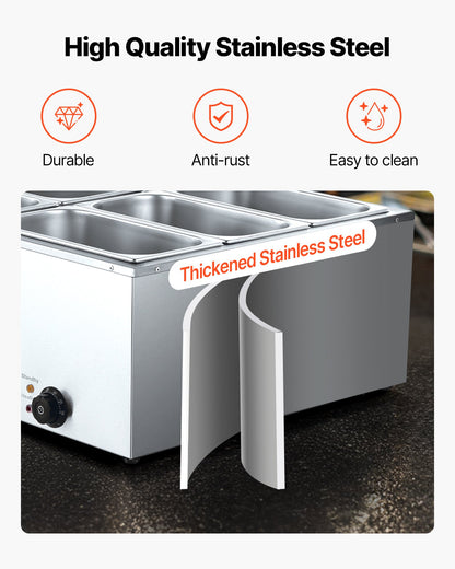 Commercial Food Warmer, 1500W Electric Stainless Steel Steam Food Warmer with Lid, 6-Pan Fast Heating Countertop Buffet Bain Marie with Soup & Perforated Ladles, for Catering, Restaurant, Party
