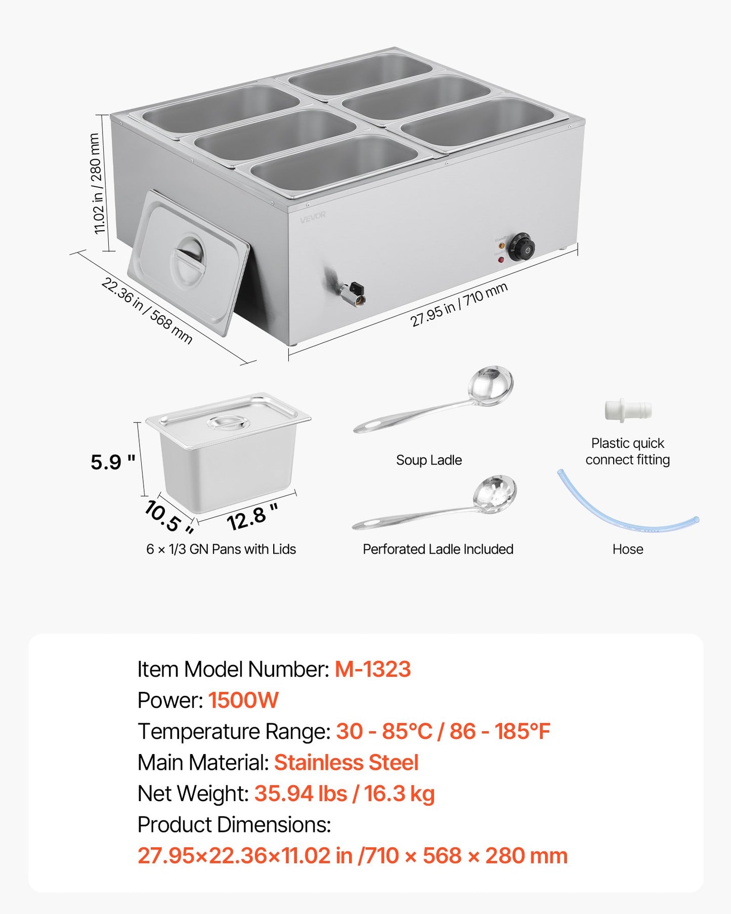 Commercial Food Warmer, 1500W Electric Stainless Steel Steam Food Warmer with Lid, 6-Pan Fast Heating Countertop Buffet Bain Marie with Soup & Perforated Ladles, for Catering, Restaurant, Party