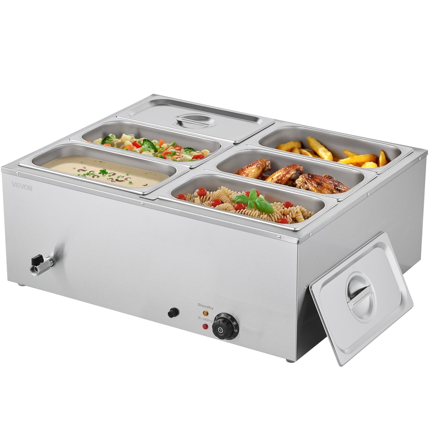 Commercial Food Warmer, 1500W Electric Stainless Steel Steam Food Warmer with Lid, 6-Pan Fast Heating Countertop Buffet Bain Marie with Soup & Perforated Ladles, for Catering, Restaurant, Party