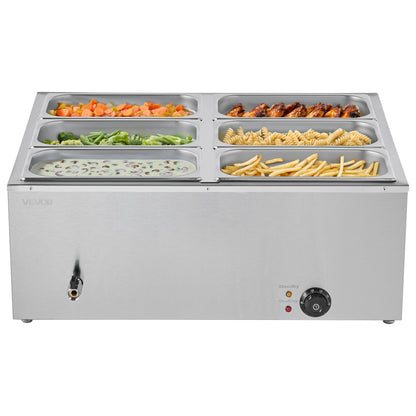 Commercial Food Warmer, 1500W Electric Stainless Steel Steam Food Warmer with Lid, 6-Pan Fast Heating Countertop Buffet Bain Marie with Soup & Perforated Ladles, for Catering, Restaurant, Party