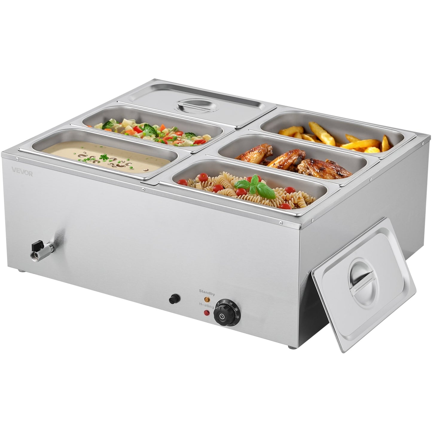 Commercial Food Warmer, 1500W Electric Stainless Steel Steam Food Warmer with Lid, 6-Pan Fast Heating Countertop Buffet Bain Marie with Soup & Perforated Ladles, for Catering, Restaurant, Party