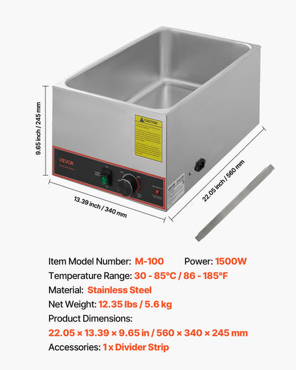 Commercial Food Warmer, 1500W Electric Stainless Steel Steam Food Warmer, Fast Heating Countertop Buffet Bain Marie with Power Cord & Divider Strip, for Catering, Restaurants, Parties, Buffets
