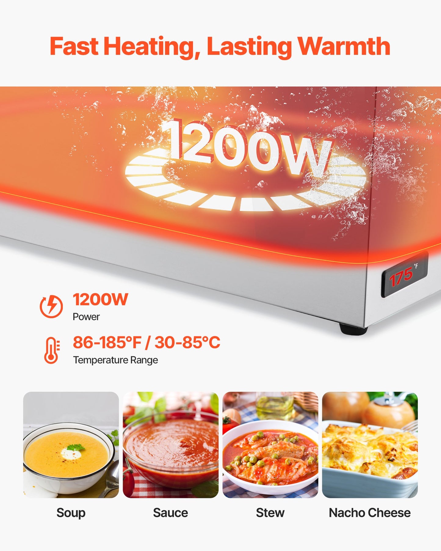 Commercial Food Warmer, 1200W Electric Stainless Steel Steam Food Warmer, Fast Heating Countertop Buffet Bain Marie with Soup & Perforated Ladles, for Catering, Restaurants, Parties, Buffets