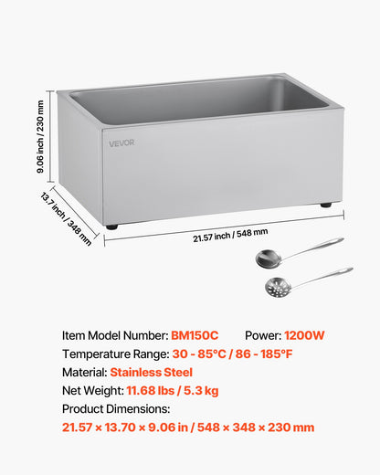 Commercial Food Warmer, 1200W Electric Stainless Steel Steam Food Warmer, Fast Heating Countertop Buffet Bain Marie with Soup & Perforated Ladles, for Catering, Restaurants, Parties, Buffets