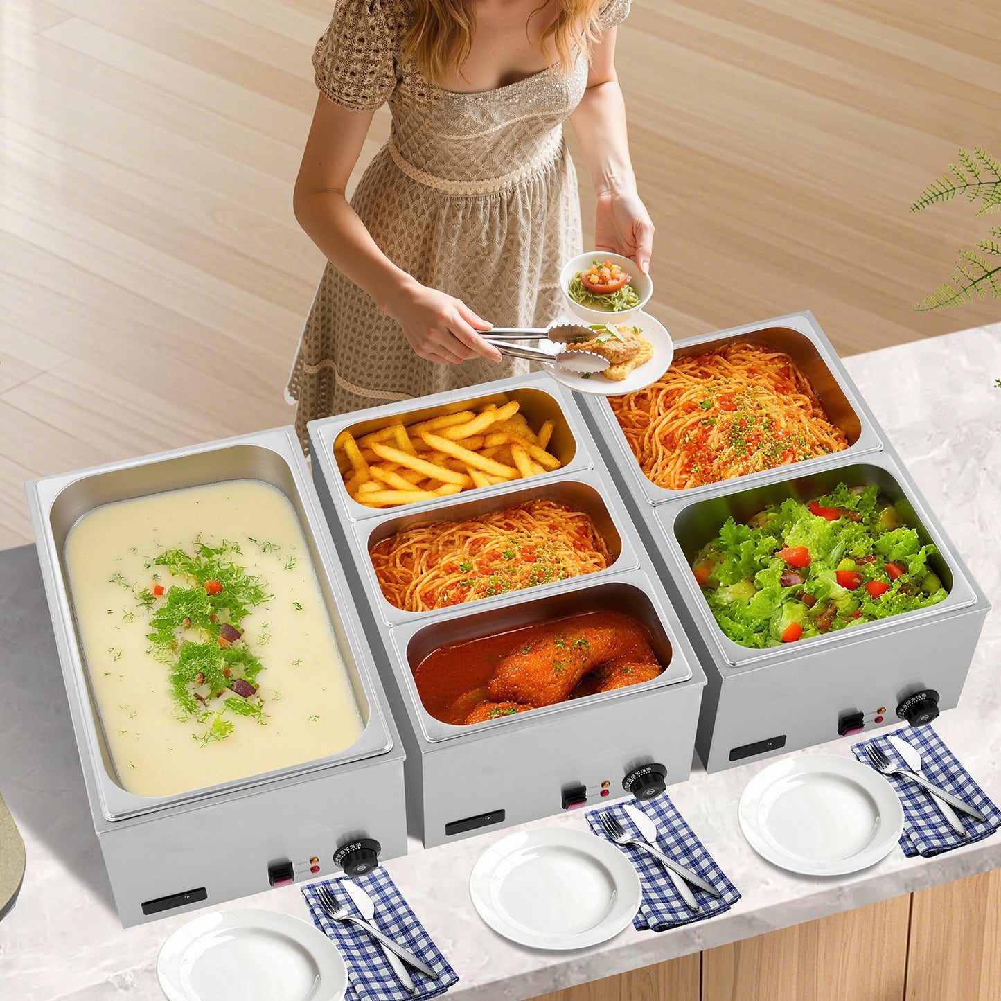 Commercial Food Warmer, 1200W Electric Stainless Steel Steam Food Warmer, Fast Heating Countertop Buffet Bain Marie with Soup & Perforated Ladles, for Catering, Restaurants, Parties, Buffets