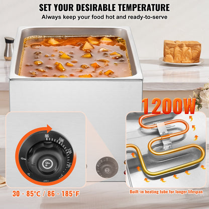 Commercial Food Warmer 19QT Bain Marie 1200W Electric Buffet Warmer Steam Table Food Warmer Countertop Stainless Steel Food Warmer Wet or Dry Use for Parties, Catering and Restaurant