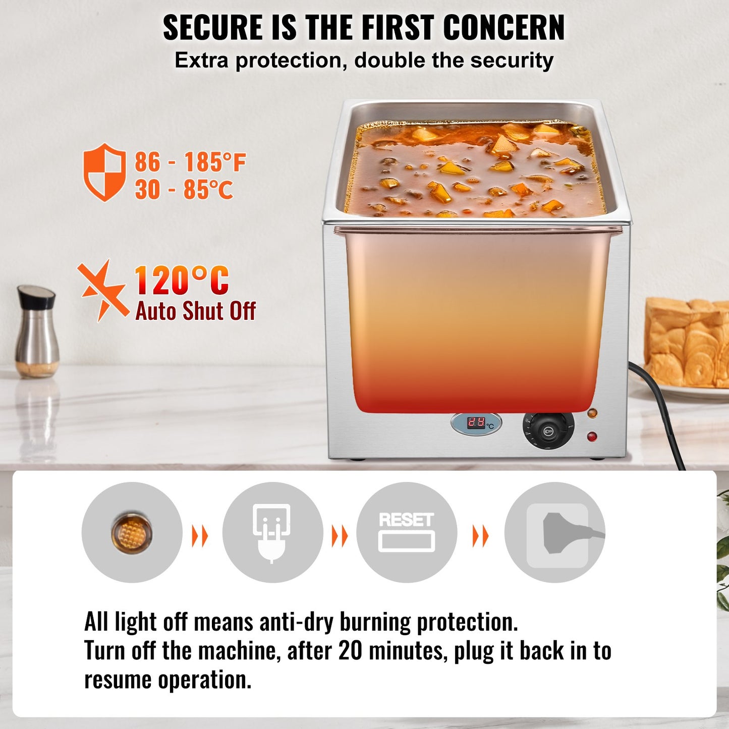 Commercial Food Warmer 19QT Bain Marie 1200W Electric Buffet Warmer Steam Table Food Warmer Countertop Stainless Steel Food Warmer Wet or Dry Use for Parties, Catering and Restaurant