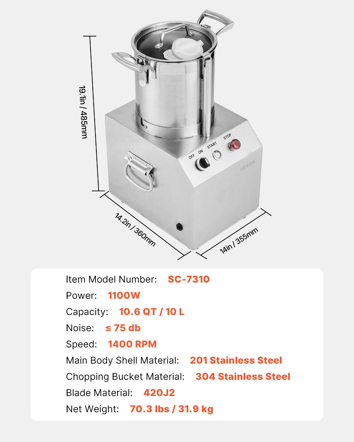 Food Processor &amp; Vegetable Chopper 10L Food Grade Stainless Steel Mixer