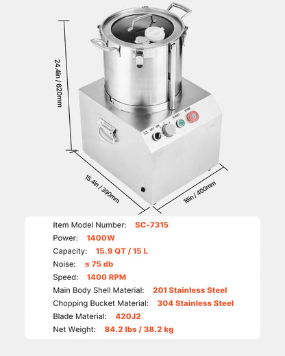 Food Processor & Vegetable Chopper, 15.9 Quart Food-Grade Stainless Steel Food Processor Chopper with 2 Extra S-Curve Blades, Ideal for Chopping Vegetables, Fruit, Grains, Nuts