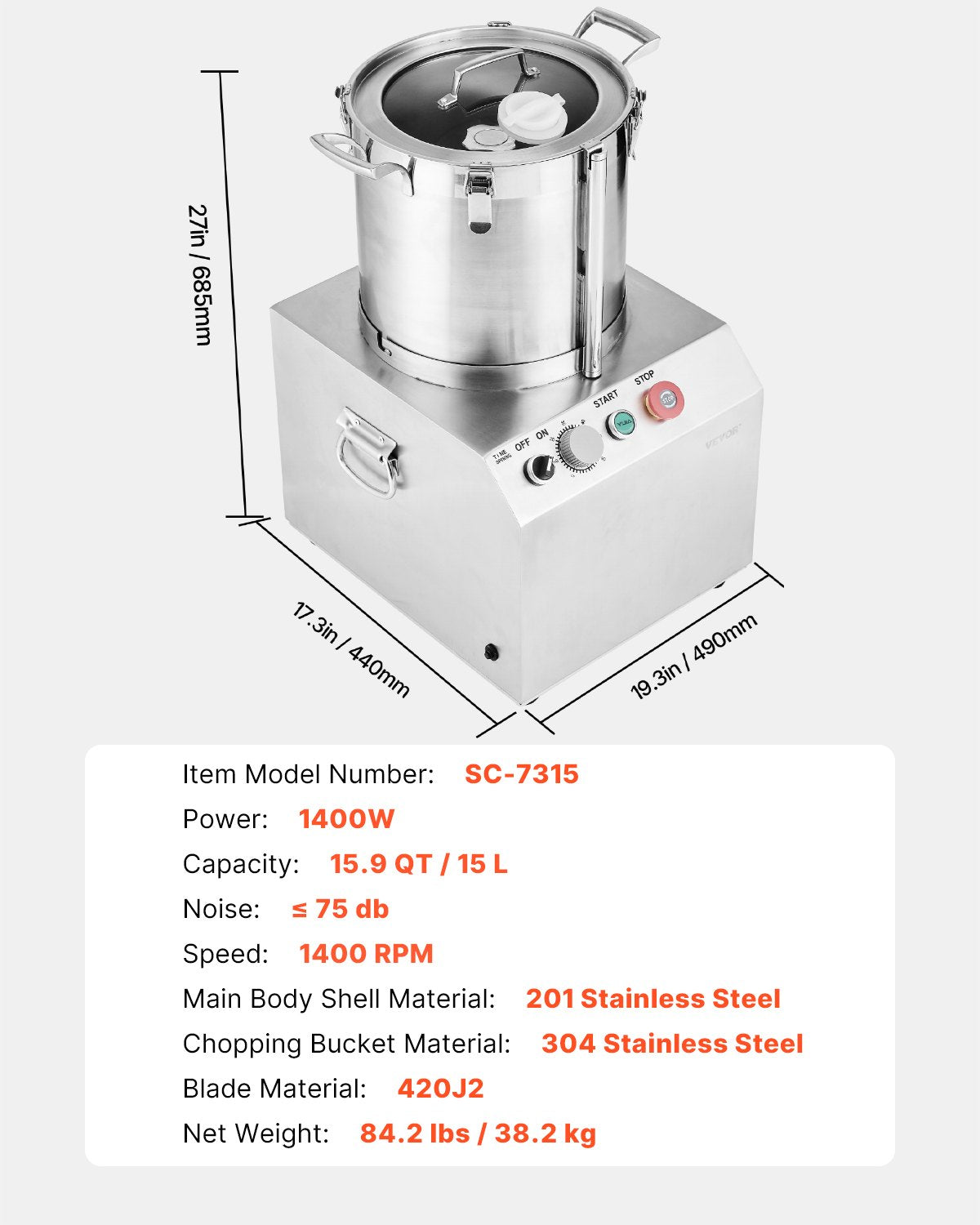 Food Processor &amp; Vegetable Chopper 15L Food Grade Stainless Steel Mixer