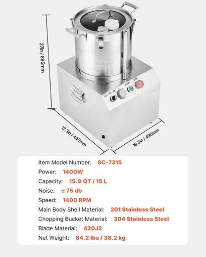 Food Processor &amp; Vegetable Chopper 15L Food Grade Stainless Steel Mixer