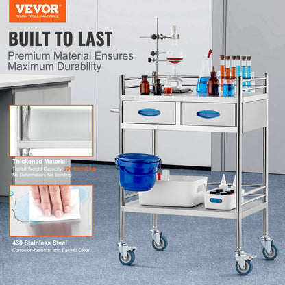 Lab serving cart, 2-layer stainless steel rolling cart, medical cart with two drawers, dental cart with lockable wheels and a bucket, for laboratory, hospital, dental use
