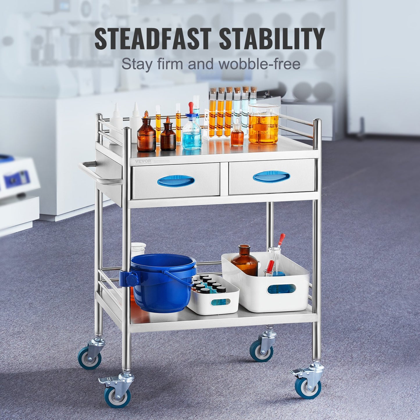 Lab serving cart, 2-layer stainless steel rolling cart, medical cart with two drawers, dental cart with lockable wheels and a bucket, for laboratory, hospital, dental use