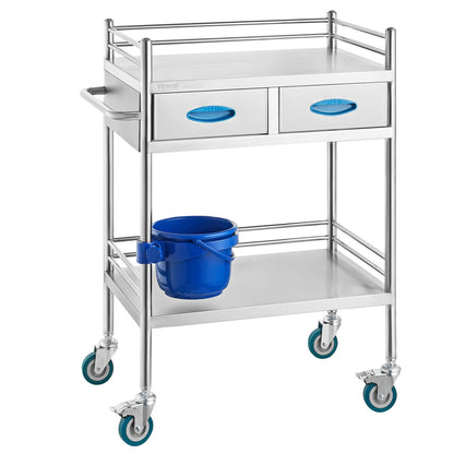 Lab serving cart, 2-layer stainless steel rolling cart, medical cart with two drawers, dental cart with lockable wheels and a bucket, for laboratory, hospital, dental use